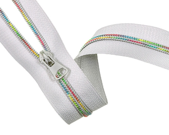Endlos Reißverschluss - grobe Schiene - inkl. 3 Zipper -regenbogen - weiss
